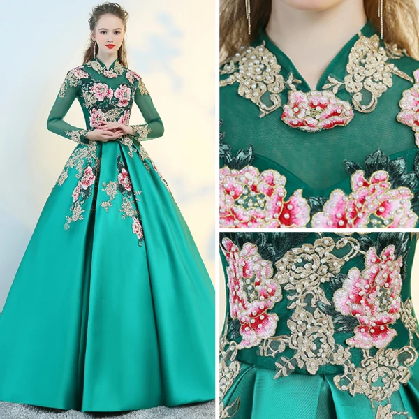 Chinese style Green See-through Prom Dresses 2018 Ball Gown High Neck Long Sleeve Embroidered Pearl Floor-Length / Long Ruffle Backless Formal Dresses