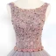 Schöne Grau Ballkleider 2018 Ballkleid Rundhalsausschnitt Ärmellos Pailletten Perlenstickerei Kristall Stoffgürtel Lange Rüschen Rückenfreies Festliche Kleider