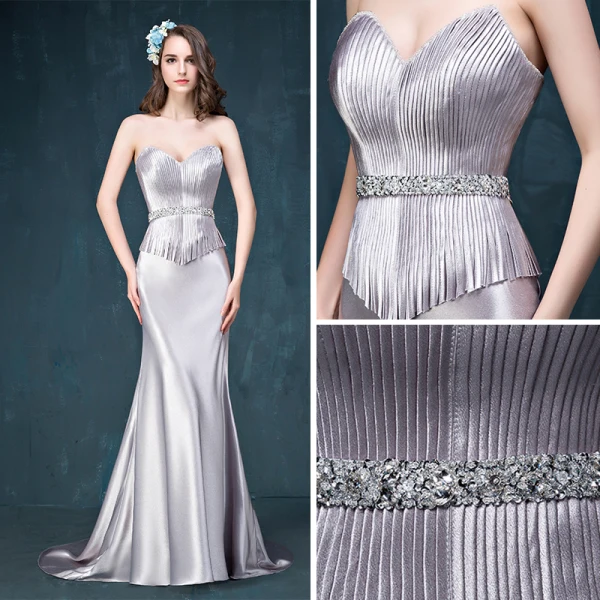 Vintage Sølv Selskapskjoler 2017 Trompet / Havfrue Domstol Tog Kjæreste Uten Ermer Ryggløse Rhinestone Sash Formelle Kjoler