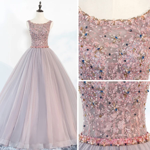 Schöne Grau Ballkleider 2018 Ballkleid Rundhalsausschnitt Ärmellos Pailletten Perlenstickerei Kristall Stoffgürtel Lange Rüschen Rückenfreies Festliche Kleider