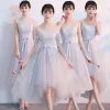 High Low Grey Bridesmaid Dresses 2018 A-Line / Princess Appliques Lace Bow Sash Asymmetrical Ruffle Backless Wedding Party Dresses
