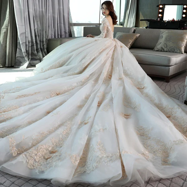 Luxury / Gorgeous Church Wedding Dresses 2017 White Ball Gown Royal Train Scoop Neck Long Sleeve Backless Pearl Appliques Flower