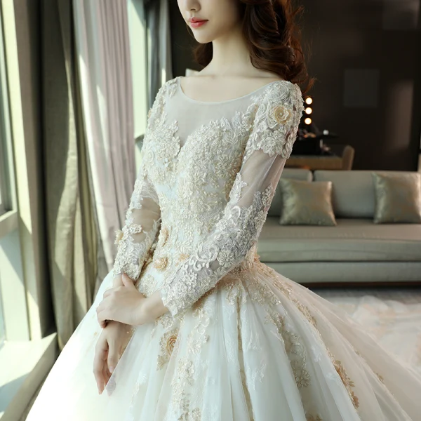 Luxury / Gorgeous Church Wedding Dresses 2017 White Ball Gown Royal Train Scoop Neck Long Sleeve Backless Pearl Appliques Flower