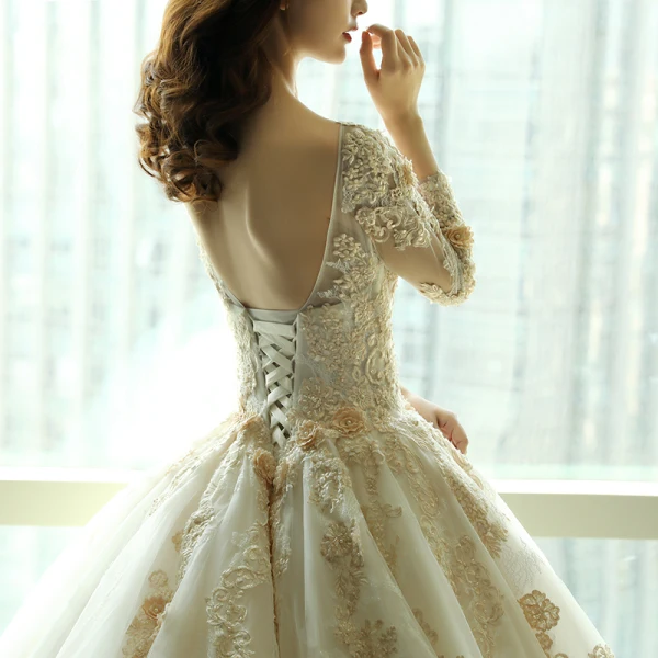 Luxury / Gorgeous Church Wedding Dresses 2017 White Ball Gown Royal Train Scoop Neck Long Sleeve Backless Pearl Appliques Flower