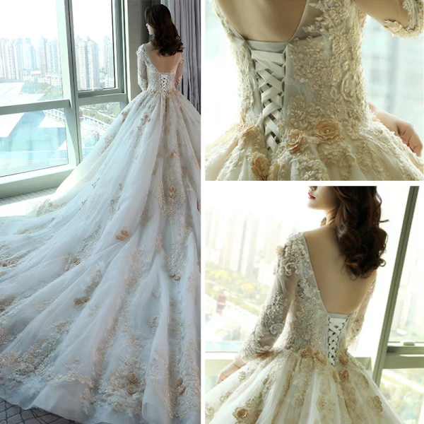Luxury / Gorgeous Church Wedding Dresses 2017 White Ball Gown Royal Train Scoop Neck Long Sleeve Backless Pearl Appliques Flower