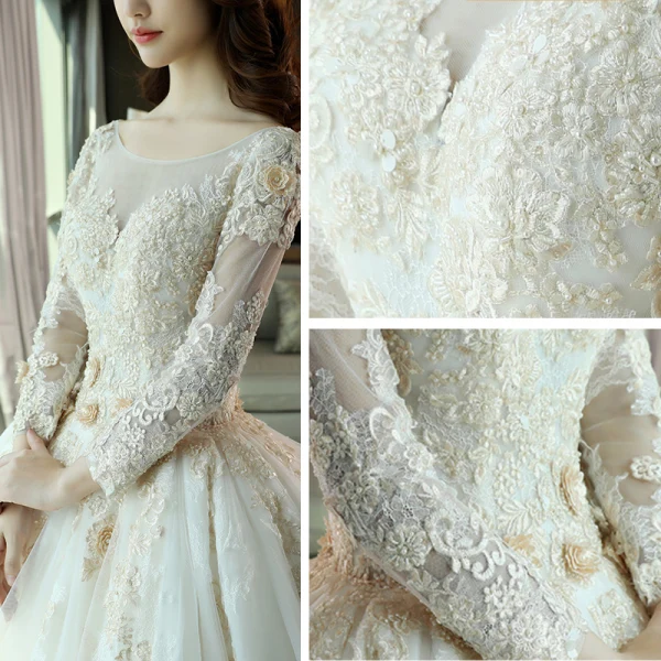 Luxury / Gorgeous Church Wedding Dresses 2017 White Ball Gown Royal Train Scoop Neck Long Sleeve Backless Pearl Appliques Flower