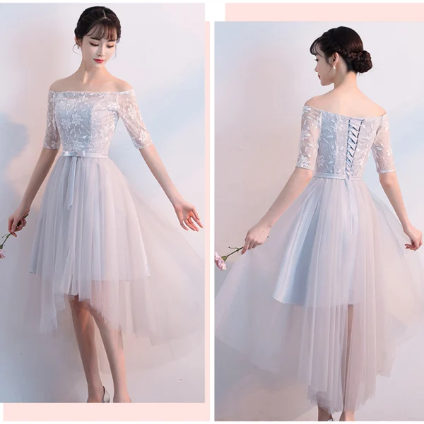 Hög Låg Grå Tärnklänningar 2018 Prinsessa Appliqués Spets Rosett Skärp Asymmetrisk Ruffle Halterneck Klänning Till Bröllop