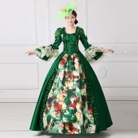 Vintage Mittelalterlich Dunkelgrün Ballkleid Ballkleider 2021 Eckiger Ausschnitt Lange Lange Ärmel Quadratische Blumen Drucken Cosplay Ball Festliche Kleider