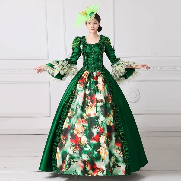 Vintage / Retro Medieval Dark Green Ball Gown Prom Dresses 2021 Square Neckline Floor-Length / Long Long Sleeve Square Flower Printing Cosplay Prom Formal Dresses
