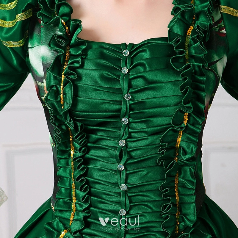 Vintage / Retro Medieval Dark Green Ball Gown Prom Dresses 2021 Square  Neckline Floor-Length / Long Long Sleeve Square Flower Printing Cosplay  Prom Formal Dresses