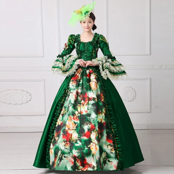 Vintage / Retro Medieval Dark Green Ball Gown Prom Dresses 2021 Square Neckline Floor-Length / Long Long Sleeve Square Flower Printing Cosplay Prom Formal Dresses