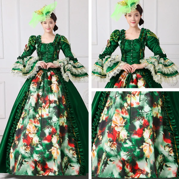Vintage / Retro Medieval Dark Green Ball Gown Prom Dresses 2021 Square Neckline Floor-Length / Long Long Sleeve Square Flower Printing Cosplay Prom Formal Dresses