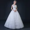 Affordable White Pierced Wedding Dresses 2018 Ball Gown Square Neckline Cap Sleeves Backless Appliques Lace Beading Floor-Length / Long Ruffle
