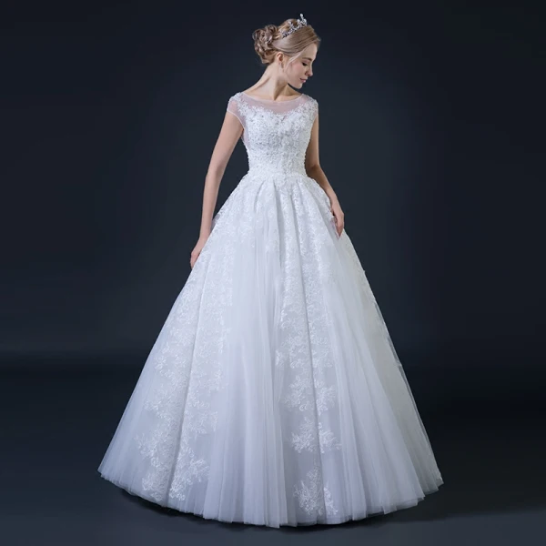 Affordable White Pierced Wedding Dresses 2018 Ball Gown Square Neckline Cap Sleeves Backless Appliques Lace Beading Floor-Length / Long Ruffle