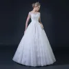 Affordable White Pierced Wedding Dresses 2018 Ball Gown Square Neckline Cap Sleeves Backless Appliques Lace Beading Floor-Length / Long Ruffle
