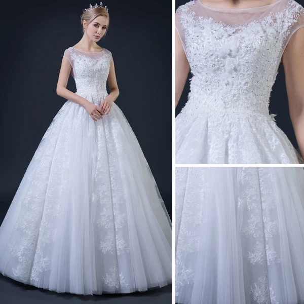 Affordable White Pierced Wedding Dresses 2018 Ball Gown Square Neckline Cap Sleeves Backless Appliques Lace Beading Floor-Length / Long Ruffle