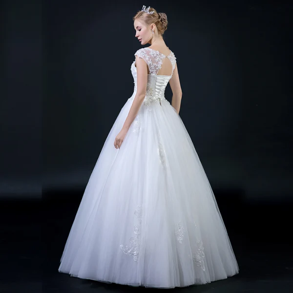 Affordable White Wedding Dresses 2018 A-Line / Princess Shoulders Sleeveless Backless Appliques Lace Beading Ruffle Floor-Length / Long
