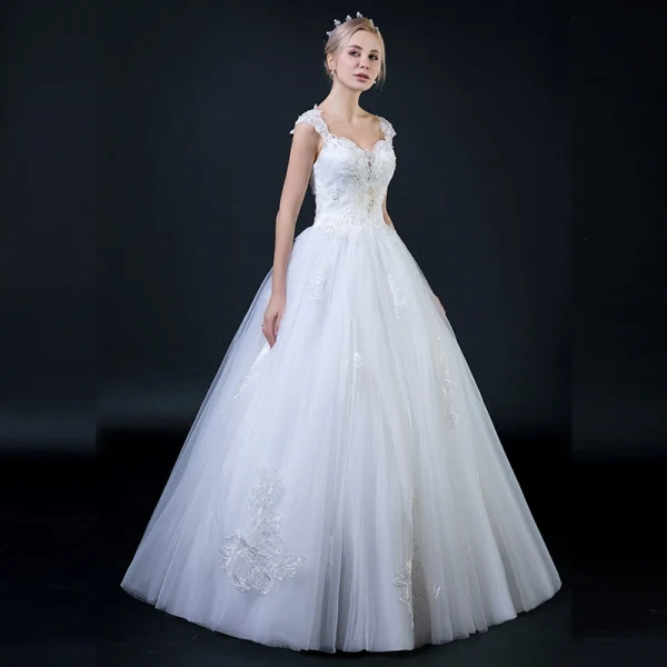 Affordable White Wedding Dresses 2018 A-Line / Princess Shoulders Sleeveless Backless Appliques Lace Beading Ruffle Floor-Length / Long