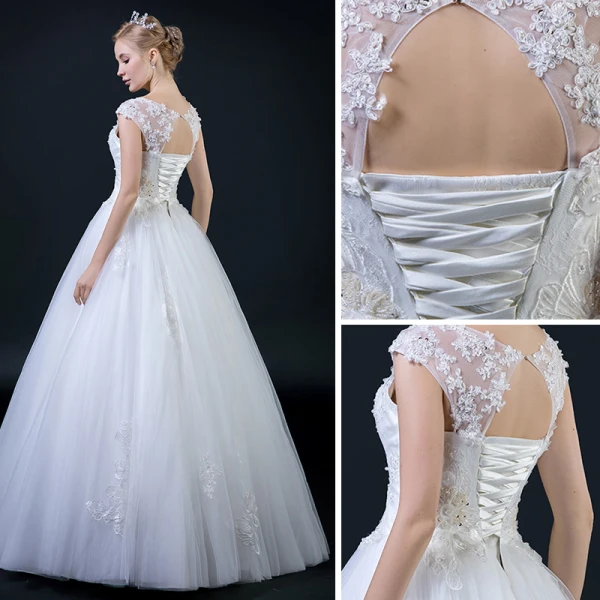 Affordable White Wedding Dresses 2018 A-Line / Princess Shoulders Sleeveless Backless Appliques Lace Beading Ruffle Floor-Length / Long