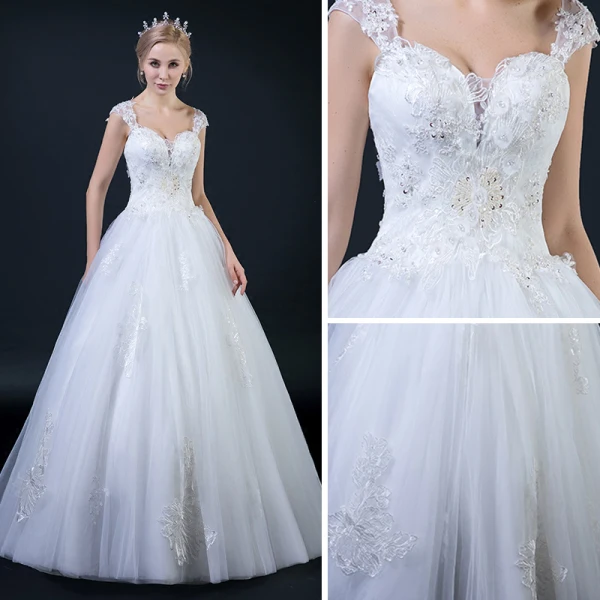 Affordable White Wedding Dresses 2018 A-Line / Princess Shoulders Sleeveless Backless Appliques Lace Beading Ruffle Floor-Length / Long