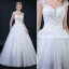 Affordable White Wedding Dresses 2018 A-Line / Princess Shoulders Sleeveless Backless Appliques Lace Beading Ruffle Floor-Length / Long