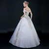 Affordable White Wedding Dresses 2018 Ball Gown Off-The-Shoulder Short Sleeve Backless Gold Appliques Lace Beading Ruffle Floor-Length / Long