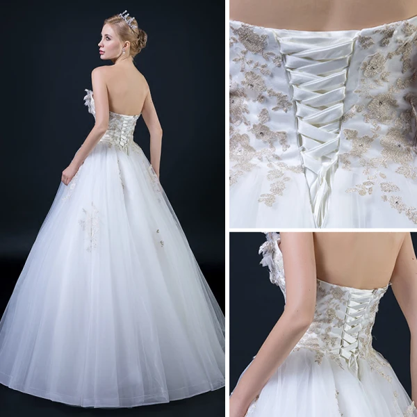 Affordable White Wedding Dresses 2018 Ball Gown Sweetheart Sleeveless Backless Gold Appliques Lace Beading Ruffle Floor-Length / Long