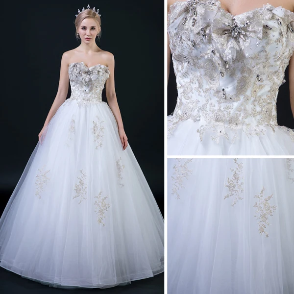 Affordable White Wedding Dresses 2018 Ball Gown Sweetheart Sleeveless Backless Gold Appliques Lace Beading Ruffle Floor-Length / Long