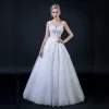 Affordable Ivory See-through Wedding Dresses 2018 A-Line / Princess Scoop Neck Sleeveless Backless Appliques Lace Beading Ruffle Floor-Length / Long