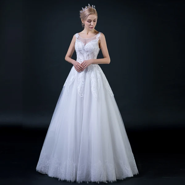 Erschwinglich Ivory / Creme Durchsichtige Brautkleider 2018 A Linie Rundhalsausschnitt Ärmellos Rückenfreies Applikationen Mit Spitze Perlenstickerei Rüschen Lange