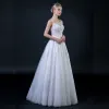 Affordable Ivory See-through Wedding Dresses 2018 A-Line / Princess Scoop Neck Sleeveless Backless Appliques Lace Beading Ruffle Floor-Length / Long