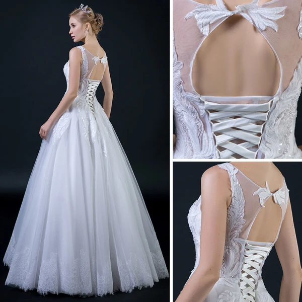Erschwinglich Ivory / Creme Durchsichtige Brautkleider 2018 A Linie Rundhalsausschnitt Ärmellos Rückenfreies Applikationen Mit Spitze Perlenstickerei Rüschen Lange