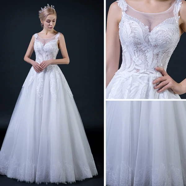 Erschwinglich Ivory / Creme Durchsichtige Brautkleider 2018 A Linie Rundhalsausschnitt Ärmellos Rückenfreies Applikationen Mit Spitze Perlenstickerei Rüschen Lange