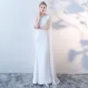 Affordable White Chiffon Evening Dresses  2018 Trumpet / Mermaid One-Shoulder Bow Sleeveless Watteau Train Backless Formal Dresses