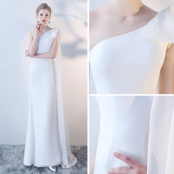 Abordable Blanche Chiffon Robe De Soirée 2018 Trompette / Sirène Une épaule Noeud Sans Manches Watteau Train Dos Nu Robe De Ceremonie