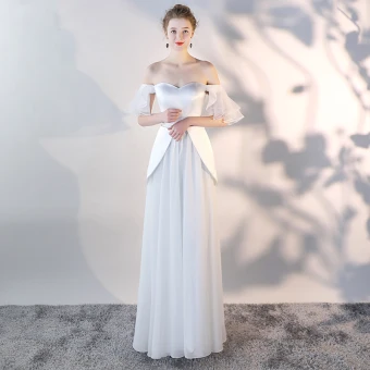 Abordable Blanche Chiffon Robe De Soirée 2018 Princesse De L Épaule Manches Courtes Longue Volants Dos Nu Robe De Ceremonie