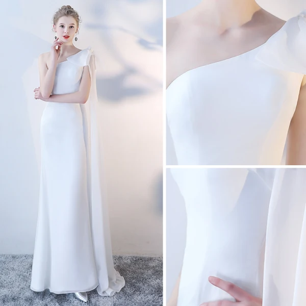 Affordable White Chiffon Evening Dresses 2018 A-Line / Princess Off-The-Shoulder Short Sleeve Floor-Length / Long Ruffle Backless Formal Dresses