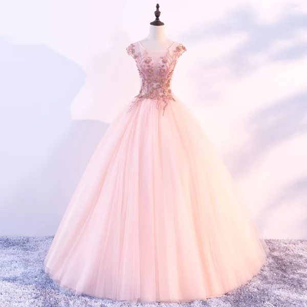 Chic / Beautiful Pearl Pink Prom Dresses 2018 Ball Gown Scoop Neck Cap Sleeves Appliques Flower Beading Floor-Length / Long Ruffle Backless Formal Dresses