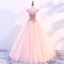 Chic / Beautiful Pearl Pink Prom Dresses 2018 Ball Gown Scoop Neck Cap Sleeves Appliques Flower Beading Floor-Length / Long Ruffle Backless Formal Dresses