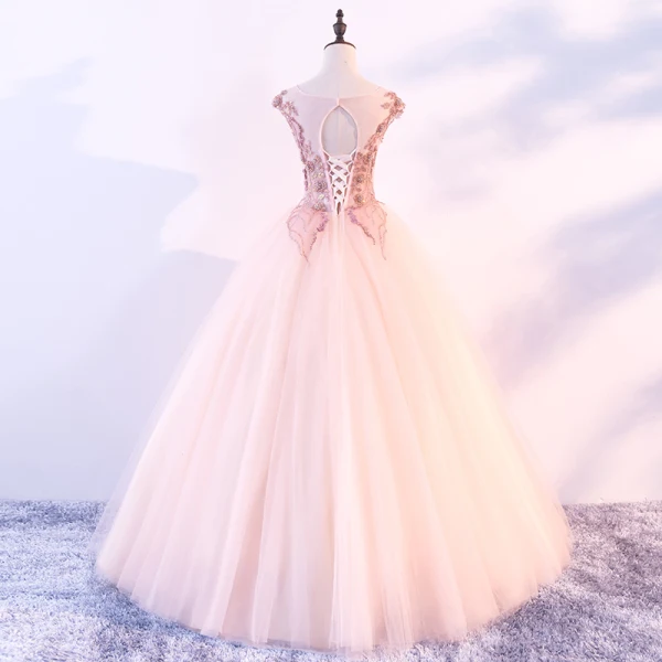 Chic / Beautiful Pearl Pink Prom Dresses 2018 Ball Gown Scoop Neck Cap Sleeves Appliques Flower Beading Floor-Length / Long Ruffle Backless Formal Dresses