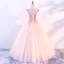 Chic / Beautiful Pearl Pink Prom Dresses 2018 Ball Gown Scoop Neck Cap Sleeves Appliques Flower Beading Floor-Length / Long Ruffle Backless Formal Dresses