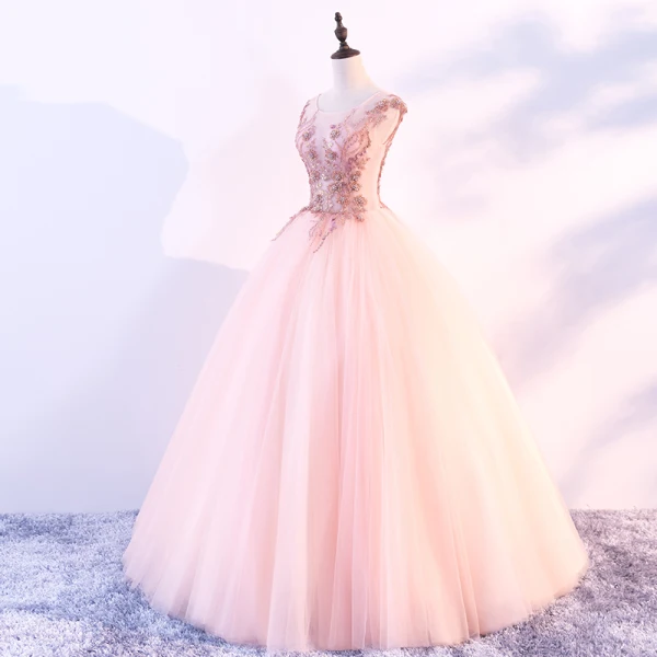 Chic / Beautiful Pearl Pink Prom Dresses 2018 Ball Gown Scoop Neck Cap Sleeves Appliques Flower Beading Floor-Length / Long Ruffle Backless Formal Dresses