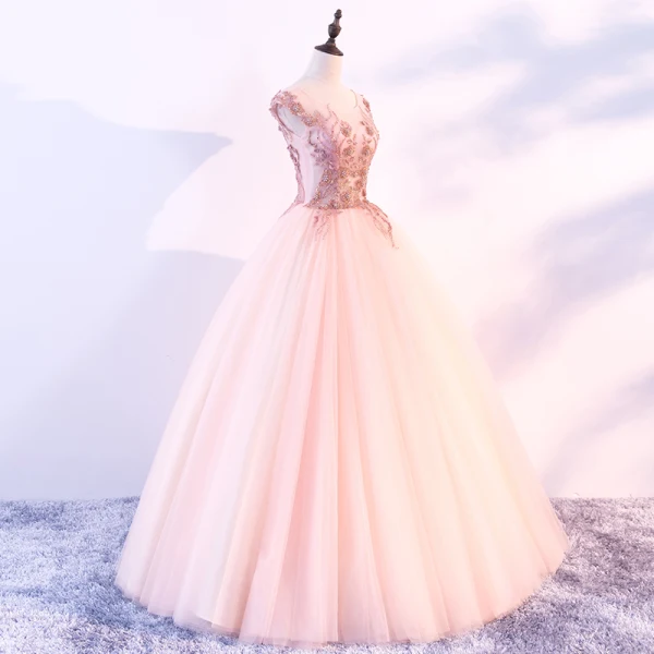 Chic / Beautiful Pearl Pink Prom Dresses 2018 Ball Gown Scoop Neck Cap Sleeves Appliques Flower Beading Floor-Length / Long Ruffle Backless Formal Dresses