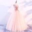 Chic / Beautiful Pearl Pink Prom Dresses 2018 Ball Gown Scoop Neck Cap Sleeves Appliques Flower Beading Floor-Length / Long Ruffle Backless Formal Dresses