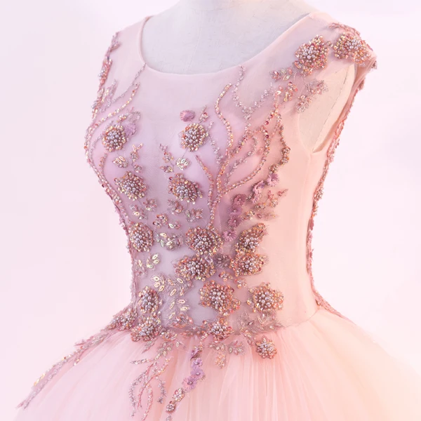 Chic / Beautiful Pearl Pink Prom Dresses 2018 Ball Gown Scoop Neck Cap Sleeves Appliques Flower Beading Floor-Length / Long Ruffle Backless Formal Dresses