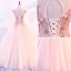 Chic / Beautiful Pearl Pink Prom Dresses 2018 Ball Gown Scoop Neck Cap Sleeves Appliques Flower Beading Floor-Length / Long Ruffle Backless Formal Dresses