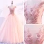 Chic / Beautiful Pearl Pink Prom Dresses 2018 Ball Gown Scoop Neck Cap Sleeves Appliques Flower Beading Floor-Length / Long Ruffle Backless Formal Dresses