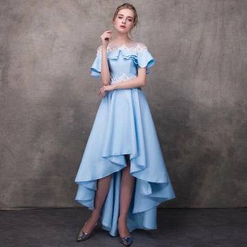 High Low Pool Blue See Through Cocktail Dresses 2018 A Line Princess Scoop Neck Short Sleeve Appliques Flower Beading Asymmetrical Ruffle Backless Formal Dresses
