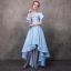 Haute Basse Bleu Transparentes Robe De Cocktail 2018 Princesse Encolure Dégagée Manches Courtes Appliques Fleur Perlage Asymétrique Volants Dos Nu Robe De Ceremonie