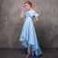 Haute Basse Bleu Transparentes Robe De Cocktail 2018 Princesse Encolure Dégagée Manches Courtes Appliques Fleur Perlage Asymétrique Volants Dos Nu Robe De Ceremonie